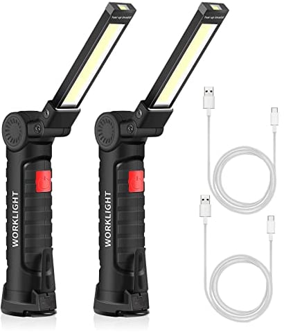 ONEVER Rechargeable Work Light, Father's Day Gift LED Torch Portable Inspection Lamps 360° Rotate Flashlight with Magnetic Base and Hook 5 Modes Camping Light for Garage,Workshop (2 Pack, Small)