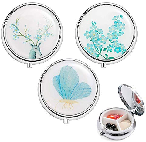 Haosell 3 Stück Metall Pillendose Rund, Pill Box Kleine 3 Fächer Tragbare Reise Pillendose Vintage Floral Schmetterling mit Spiegel Vitamine Medizin Tablet Organizer Case für Tägliche und Reise