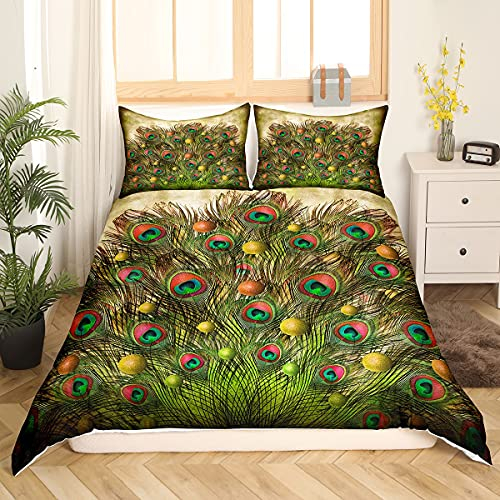 Tbrand Pfau Bettwäsche-Set, Pfau mit länglichen majestätischen Federn Öffnen Flügel Bild Trösterbezug, dekorative 2-teilige Bettbezug mit 1 Kissenbezug für Kinder Jugendliche Erwachsene, 135x200