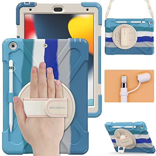BRAECN Schutzhülle für iPad 9. Generation 2021, robuste, stoßfeste Hülle mit Displayschutzfolie, Stifthalter, Handschlaufe, Ständer, Schultergurt für iPad 8/7 Gen 10.2 Zoll 2020/2019, bunt blau