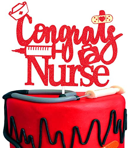 Congrats Nurse Graduation Cake Topper – Future Nurse Class Of 2023 RN Grade Red Glitter Needle Cake Supplies – Medizinische Schule, Krankenpflege, Abschlussfeier, Party-Dekoration