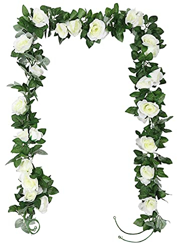 TSHAOUN 2 Pack Artificial Rose Vines Garland Fake Flower Plants Arts Hanging Decoration for Outdoor Indoor Home Kitchen Garden Office Wedding Ceremony Hotel Party 2 x 7.5 FT (White)