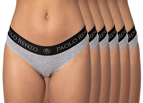 Paolo Renzo Damen Taille Slips Sport LINE 6 Stück Baumwoll Unterwäsche Atmungsaktiv Größe L Grau