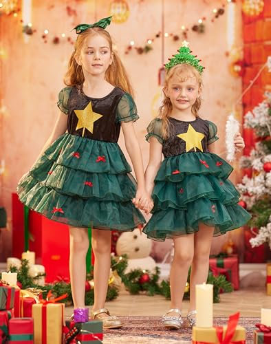 IKALI Albero di Natale Costumi per Ragazze Personaggio dei Fumetti di Natale Vestito Verde Buone Feste Bambino Vestito Operato con Fasce 6-8 Anni