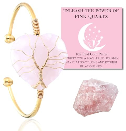 HALUKAKAH Bracelet en Pierre Naturelle et Cristal - AMOUR LUNAIRE - Fil Arbre de Vie Plaqué 18 Carats Or Fait à la Main, Pendentifs en Forme de Cœur en Quartz Rose Taille Réglable