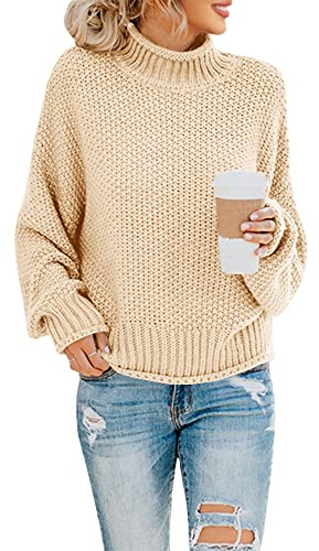 Saodimallsu Damen Pullover Rollkragen Oversized Fledermaus Langarm Sweatshirt Lose Grobstrick Casual Sweater