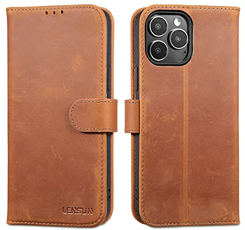 LENSUN Echtleder Hülle für iPhone 13 Pro Max 5G, Handyhülle [Echtes Leder][Magnetverschluss][RFID Schutz] Handytasche Lederhülle für iPhone 13 Pro Max - Vintage Braun