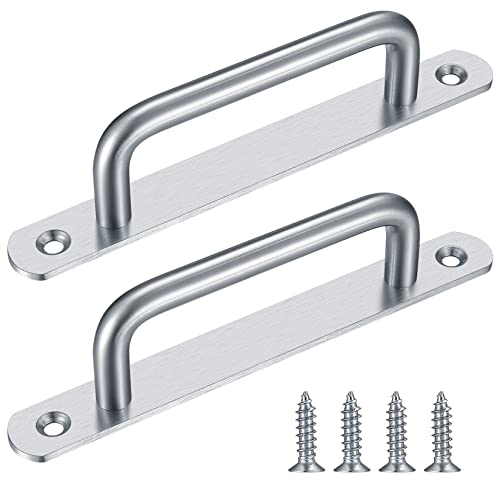 2 Pcs Push Pull Door Handles, Pull Push Stainless Steel Sliding Kitchen Bathroom Cupboard Cabinet Garage Barn Shed Gate Door Handles with Metal Plates(192mm)