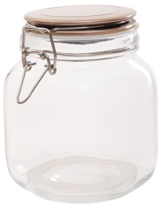 Premier Housewares Square 1050 MI Clear Glass Jar With Premium Quality And Versatile Style Champagne Finish Metal Lid Having Clip Lock Clasp Attached, W11 x D11 x H15cm