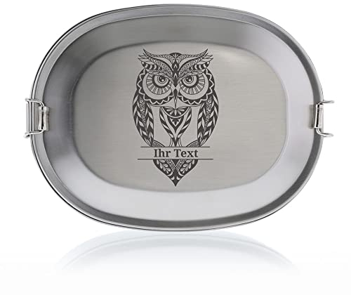 gravur-fabrik.de – personalisierbare Brotdose mit Namen aus Edelstahl – Zentangel Eule – gravierte Brotbox für Schule, Ausflüge & Co – spülmaschinenfeste Lunchbox (15,5x11,5x4,5cm)