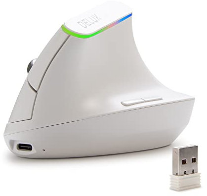 DeLUX Mouse Verticale Wireless, Mouse Ergonomico Ricaricabile, Click Silenzioso, Doppia Modalità (2.4G+BT), 6 Pulsanti, 4000DPI, Luce RGB, per PC/Computer/Laptop/Portatile/Mac (M618DB-Bianca)