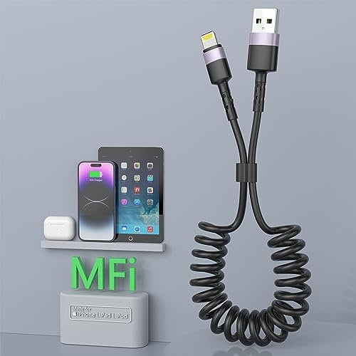 Quanlex Coiled Lightning Cable, 6FT Coil iPhone Car Charger Cord for Car [Apple Mfi Certified] Apple Carplay Cable Compatible with Iphone14/13/12/11 Pro Max/Xs Max/Xr/Xs/X/8/7/Plus/6s Ipad/iPod
