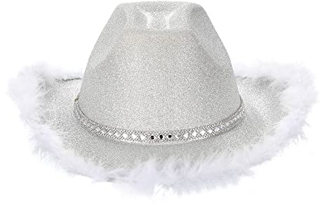 Qtinghua Weiß/Rosa Cowboyhut für Frauen Flauschiger Federbesatz Halloween Kostüm Cowgirl Hut für Cosplay Verkleidung Party Rollenspiel Geburtstagsfeier (Glitzer Cowboyhut Weiße Feder, Einheitsgröße)