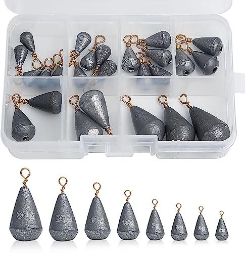 Realure 25 Pcs Small Fishing Weights Mixed 8 Sizes Deep Sea Fishing Weights Assorted 2g 3g 5g 7g 10g 15g 20g 30g Iron Fishing Sinkers Weights with Swivel for River Saltwater Freshwater Mackerel (25)