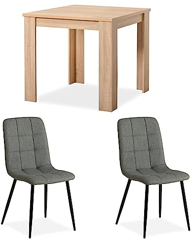 Homestyle4u Tisch mit 2 Stühle, Essgruppe mit 2 Stühlen Grau, Küchentisch Esstisch 80x80 cm Holz Natur Massiv
