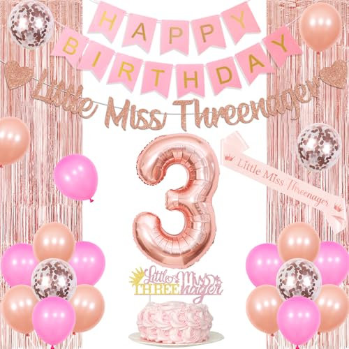 JOYMEMO Rose Gold Little Miss Threenager Décorations d'anniversaire pour les filles - Joyeux 3ème anniversaire décoration avec guirlande d'anniversaire écharpe, cake topper film franges rideau