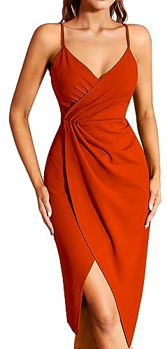 Missufe Robe de cocktail pour femme - Robe de fête - Robe portefeuille - Robe d'été - Robe midi festive élégante - Moulante - Mariage - Sans manches - Bretelles spaghetti - Robes de soirée, Orange, XL
