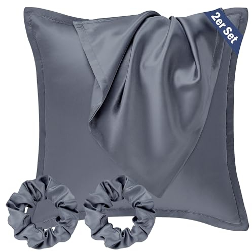 Seiwohl Satin Kissenbezug 80x80 2er Set, Weich wie Seidenkissenbezug Silk Pillowcase, Vegane Seide Kopfkissenbezug Kissenhülle Seidenkopfkissen für Haar und Haut mit Haargummis, Dunkelgrau
