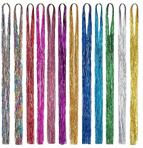 TRKETK 12 Stück Bunte Haarverlängerung, 37 Inches glitzernde Haarverlängerung Feenhaar 12 Farben Lametta Haar Verlängerung 1200 Stränge Hitzebeständig für Frauen Mädchen Party Cosplay Zubehör