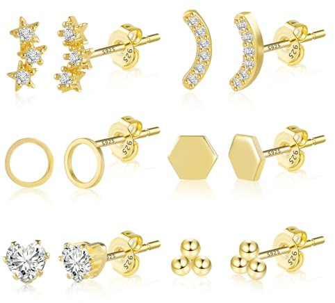 Kleine Gold Ohrstecker Ohrringe Set Damen, 6 Paar Hypoallergen 925 Sterling Silber Kleine Ohrstecker 14 Karat Vergoldet Hypoallergen Zirkonia Piercing Punkt Ohrringe Set für mehrere Piercings