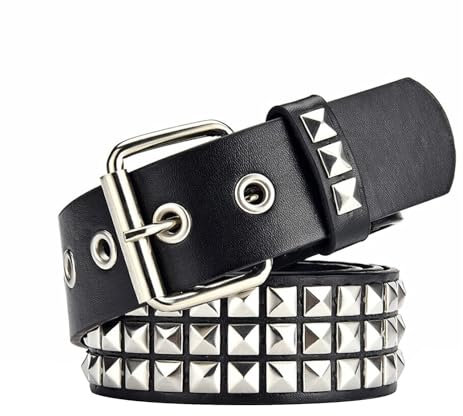 FOCAST Schwarzer Nietengürtel Punk Rock Nietengürtel Tülle Gewinde Gürtel mit heller Metallpyramide für Damen Herren, Schwarz, Fit Pant 27-32 inch