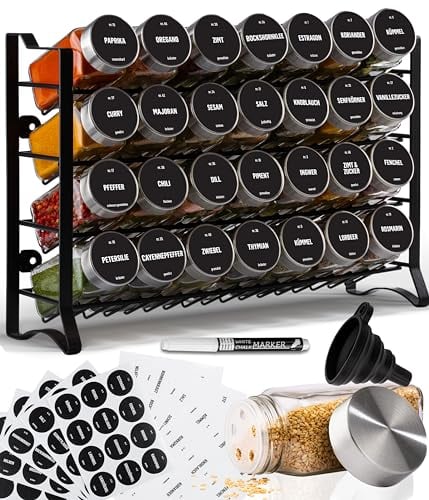 Deco haus® Gewürzregal Stehend & Wand [MIT 28 GLÄSERN & ETIKETTEN] - Gewürz Organizer - Gewürzregal Wand - Gewürzregale Spice Rack Organizer - Gewürzständer Gewürzregal Hängend - Gewürzregal Schrank