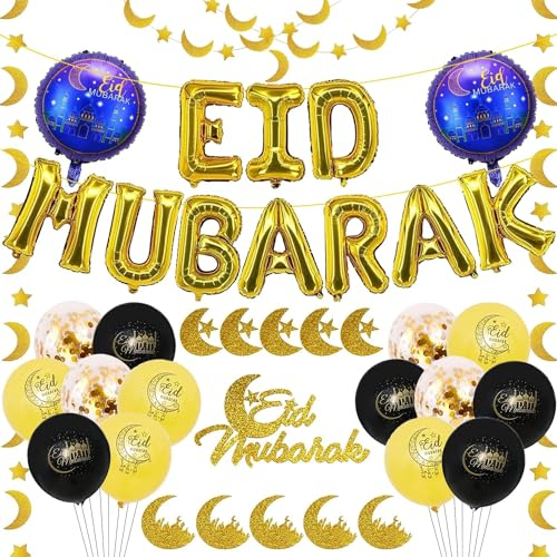 29 Stück Eid Mubarak Dekoration, Eid Mubarak Luftballons, Eid Mubarak Banner Aufhängen, Stern Mond Folienballon für Ramadan Mubarak Partydeko Schwarz Gold (Stil B)