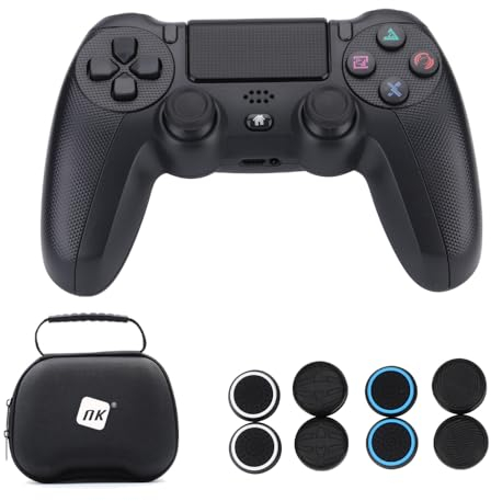 Pack Mando NK para PS4 / PS3 / PC/Móvil Inalámbrico - Wireless Controller, 2-Shock, 6 ejes, Panel Táctil, Entrada Auriculares, Cable de Carga, 8 x Joystick Grips, Funda para mando - Negro