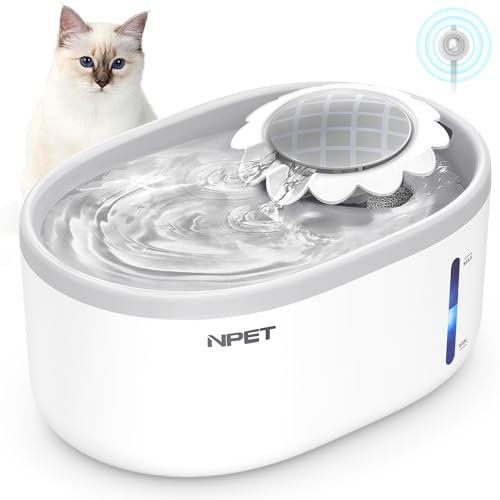 NPET Cat Water Fountain with Sensor, 2L Cat Fountain with LED Light, Ultra Quiet Automatic Pet Drinking Fountain, Small Dog Water Fountain