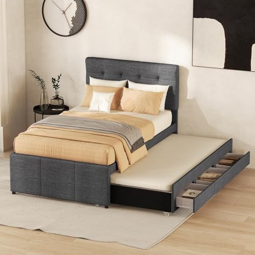 HYUB Kinderbett Polsterbett 90 x 200cm&90 x 190cm mit Lattenrost und Stauraum, Ausziehbares Doppelbett mit Verstellbares Kopfteil, Funktionsbett,Grau (ohne Matratze)