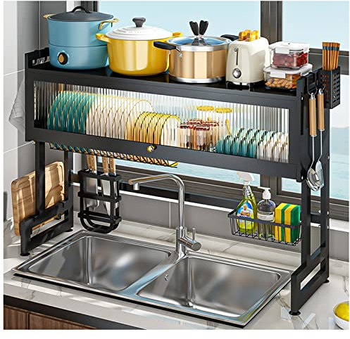 Generic Égouttoir à vaisselle, étagère de rangement au-dessus de l'évier avec couvercle anti-poussière – Support de rangement en acier pour comptoir de cuisine