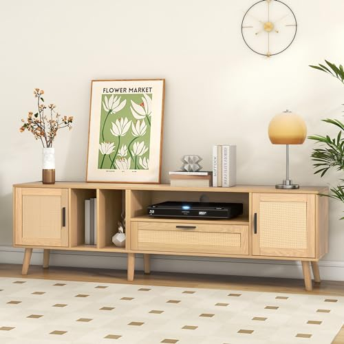 YESGIGA Meuble TV en rotin de qualité supérieure - 160 cm - Couleur bois - Pour téléviseur de 70 - Gestion des câbles - Meuble bas pour salon, meuble TV bas (chêne, 180 cm)