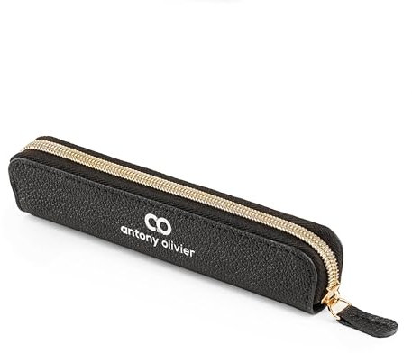 Antony Olivier Real Leather Pencil Case | Black Pen Pouch with Zip | for Men, Women & Professionals | Cutest Slim Design Size Pouch for Stationery & Utensils