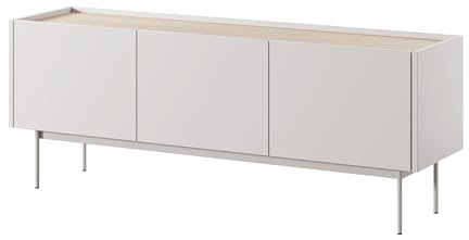 BETTSO - TV Kommode Beige Matt - Fernsehschrank mit Türen und hohen Metallbeinen - 144 cm breit, 55 cm hoch - TV Schrank, Kommode Wohnzimmer, Lowboard
