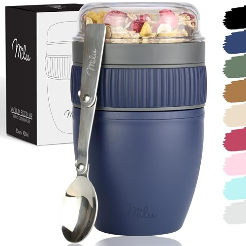 Milu Pot de céréales à emporter 400ml I Pot de yaourt en plastique pour les céréales I anti-fuite avec cuillère pour le yaourt/porridge (Bleu marine)