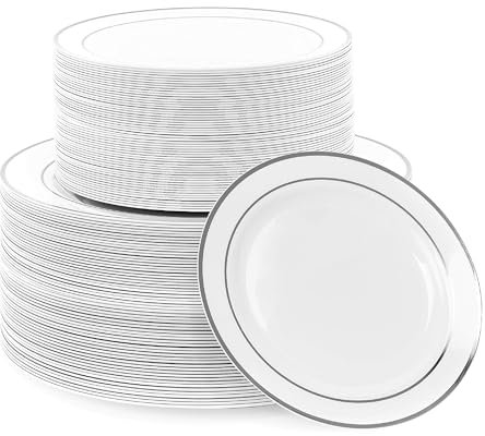 MATANA 240 Premium White Plastic Plates with Silver Rim - 120 x 26cm, 120 x 19cm - Elegant, Unbreakable & Reusable Party Plates for Weddings, Birthdays, Picnic, Parties