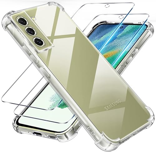 Tentoki 3 en 1 Verre Trempé et Coque pour Samsung Galaxy S21 FE 5G /4G, [Coussin d'air Intégré] Anti-Jaunissement Souple TPU Bumper Coque Protection pour Samsung 21FE 5G /4G, Transparente