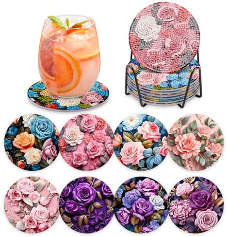 MOGTAA 8 STK Diamond Painting Untersetzer mit Halter, Diamond Painting Bunte Rose, Diamant Malerei Set Bilder Erwachsene Kinder, DIY Diamant Tassenuntersetzer mit Kork, für Home Dekor