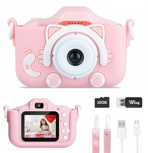 Appareil Photo Enfant, Mini Caméra Enfant Rechargeable Caméscope Cadeau Jouet Filles Garçons de 3 à 10 Ans,vidéo HD 1080p, 32G SD Carte, Appareils Photos numériques pour Enfants Cadeau Jouet Filles