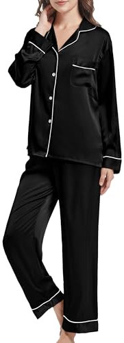 JCQIGOA Seta Donna Pigiama a Maniche Lunghe Set Lungo da Notte Loungewear