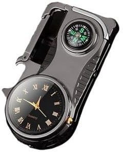 Briquet porte-clés horloge à cadran, briquet à gaz butane en métal, briquet à flamme rouge coupe-vent, briquet multifonctionnel avec décapsuleur boussole, bougie, cigare, briquet essentiel d'extérieur