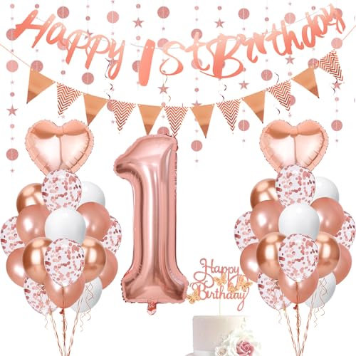 Decoration Anniversaire 1 an Fille,Deco 1 ans Rosegold,Ballon 1 ans Or Rose de Fête,Kit Ballon Guirlande Bannière Joyeux Anniversaire pour 1 an Fille Parti Décoration