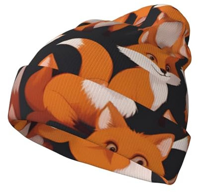 DngSer Strickmütze - Wintermütze mit vielen Cartoon-Füchsen bedruckt, warme Totenkopfmütze, perfekt für kaltes Wetter und Outdoor, Schwarz, Schwarz, Einheitsgröße