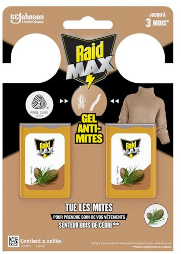 Raid Max Gels Anti-Mites Parfum Bois De Cèdre - Protège Les Vêtements Jusqu'à 3 Mois - Parfume Délicatement - Certification Woolmark - 2 Gels