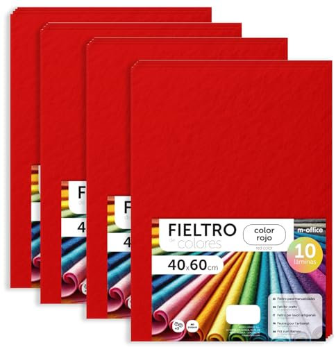m-office Bastelfilz für DIY-Projekte, Filzplatten in bunten Farben, Weich und Flexibel, Material für Nähen und Patchwork Stoffe, Ideal Handarbeiten, Deko Kunsthandwerk, 20x30cm, (Rot, 40 Stk)