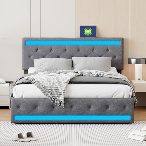DULRLLY Doppelbett 180x200, Bett mit Stauraum, LED Polsterbett mit Schubladen, LED-Kopfteil und USB-Ladefunktion,Stauraumbett Funktionsbett Bettgestell mit Lattenrost, Jugendbett, Leinen