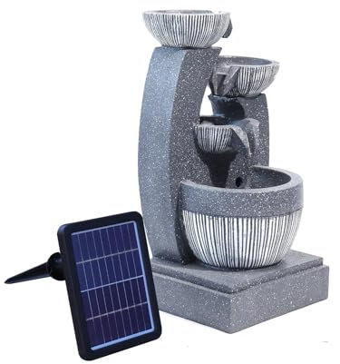 Warmiehomy Solar Water Fountain, 4 Tier Solar Water Feature, Waterfall with Solar Powered Pump and LED Lights for Outdoor, Garden Fountains and Water Features, Height 47CM, Grey
