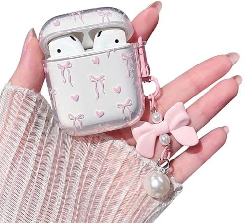 MINSCOSE Kompatibel mit AirPods 1/2 Clear Case, niedliche Schleife Band Herz hübsches Design mit Bogen Perle Schlüsselanhänger, weiche TPU schützende stoßfeste Fall für Frauen für Airpod 1/2-Rosa