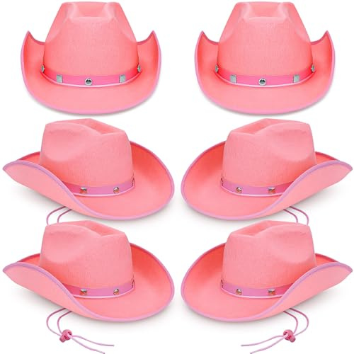 YFNVH 6 Stück Rosa Cowboyhut für Damen und Herren Cowboyhut mit Nieten Cowgirl Hut mit Kordel Westernhut für Halloween, Karneval, Fasching, Halloween, Mottoparty, Geburtstagsfeier