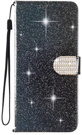 SEHEYA for iPhone 6/7 / 8 / SE 2020 / SE 2022 Glitter Wallet Case Premium PU Leather TPU Shiny Sparkly Flip Cover with Card Holder Rhinestone Design Magnetic Closure Bling Buckle Purse, Black